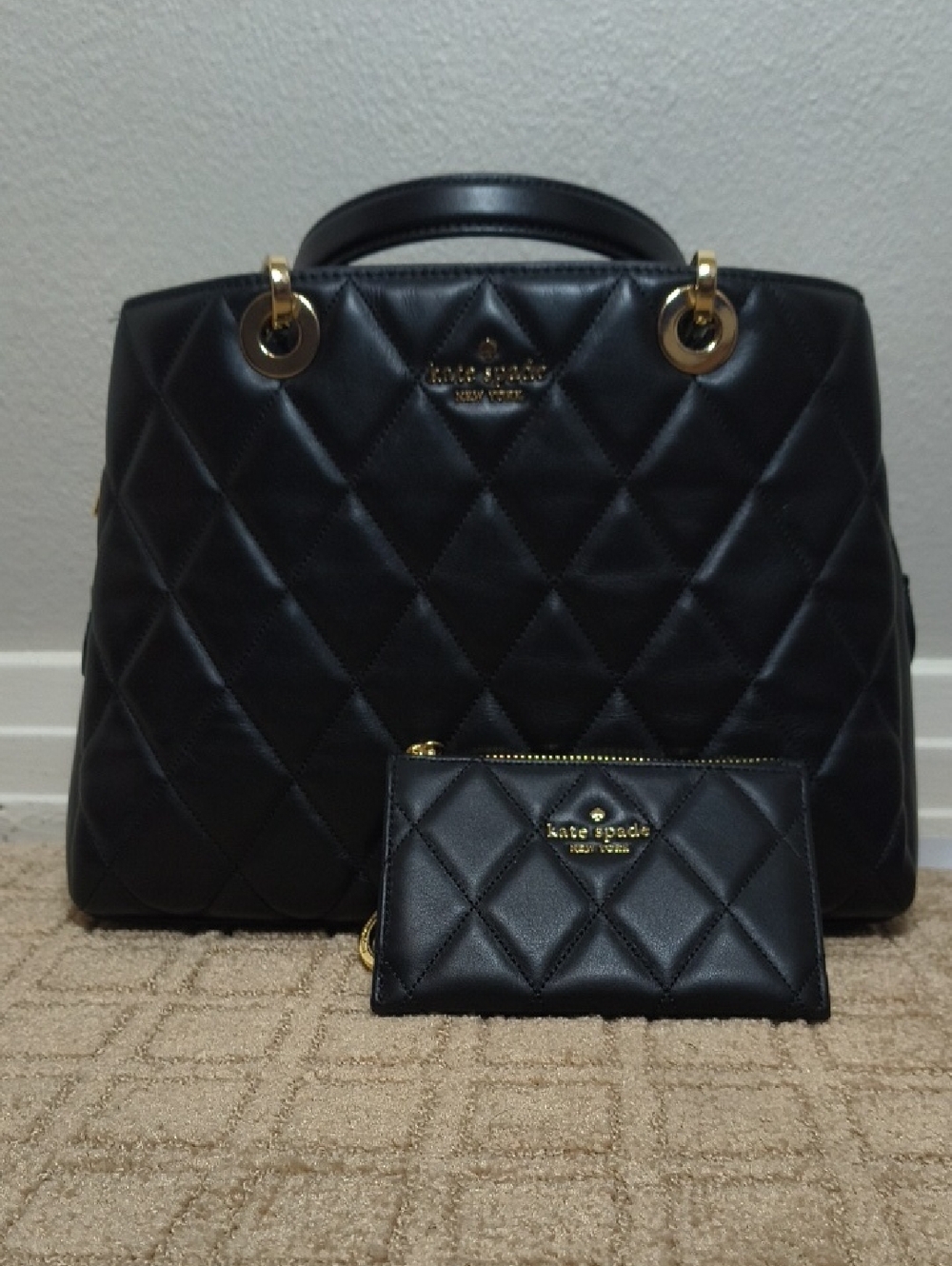 kate spade Black Quilted Carey Leather Satchel with Matching Card Case